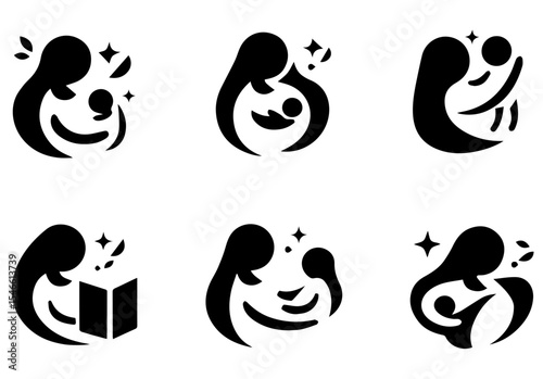 This image features six circular line art illustrations of mothers holding babies. vector logo set