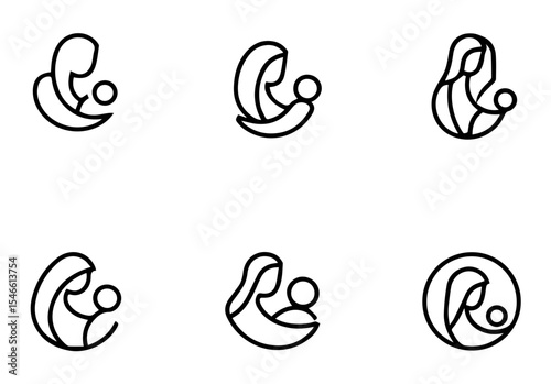This image features six circular line art illustrations of mothers holding babies. vector logo set