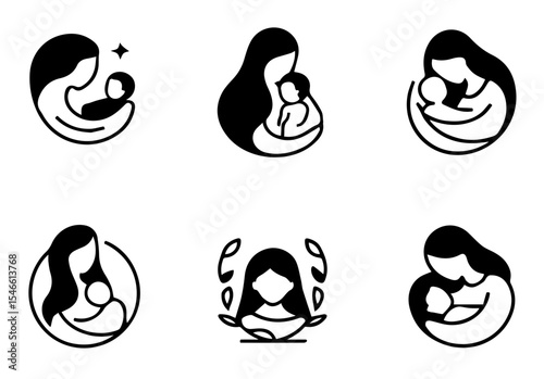This image features six circular line art illustrations of mothers holding babies. vector logo set