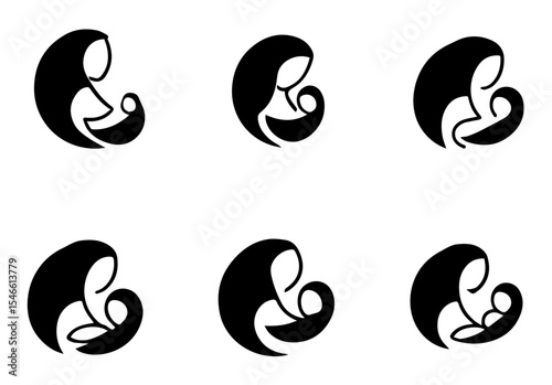 This image features six circular line art illustrations of mothers holding babies. vector logo set