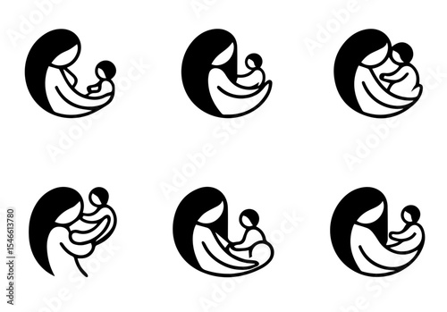 This image features six circular line art illustrations of mothers holding babies. vector logo set