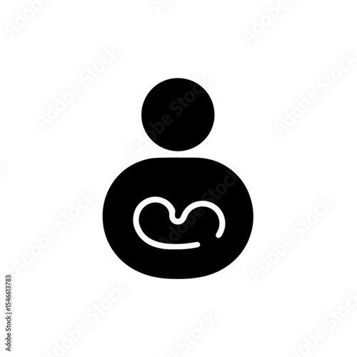 A simple, black and white graphic icon depicts a parent holding a baby.