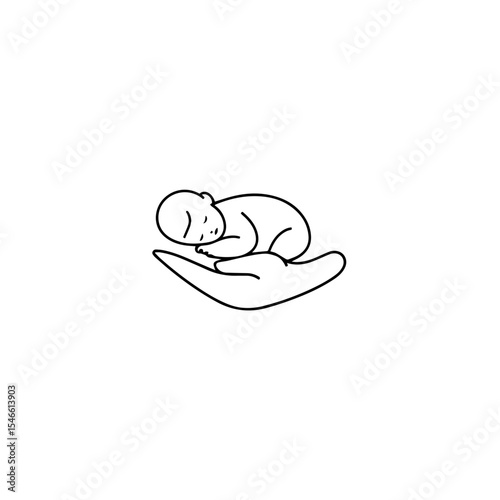 A baby lying on a hand vector line. Hand drawn line and vector logo