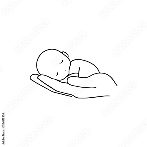 A baby lying on a hand vector line. Hand drawn line and vector logo