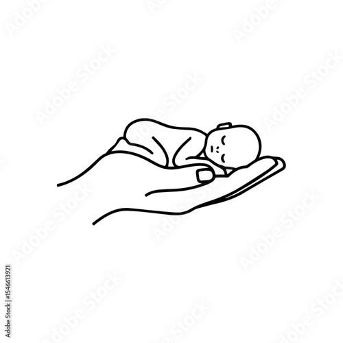 A baby lying on a hand vector line. Hand drawn line and vector logo
