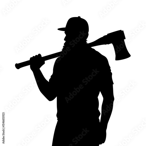 Silhouette of Lumberjack Holding Axe on Shoulder – Strong Bearded Man in Cap Vector Illustration | Woodcutter Outdoorsman Concept for Logging & Labor Themes


