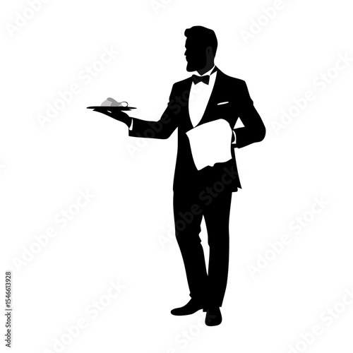 Silhouette of Elegant Waiter Holding Serving Tray and Napkin – Vector Illustration of Hospitality Staff in Tuxedo | Restaurant Service Concept Art