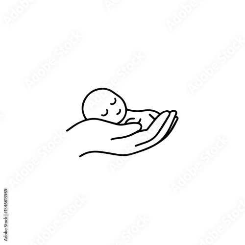 A baby lying on a hand vector line. Hand drawn line and vector logo