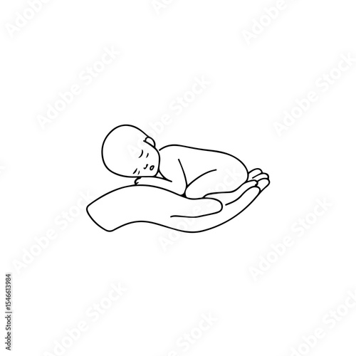 A baby lying on a hand vector line. Hand drawn line and vector logo