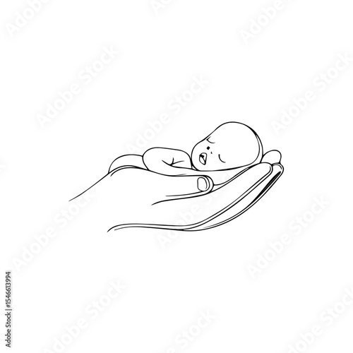 A baby lying on a hand vector line. Hand drawn line and vector logo