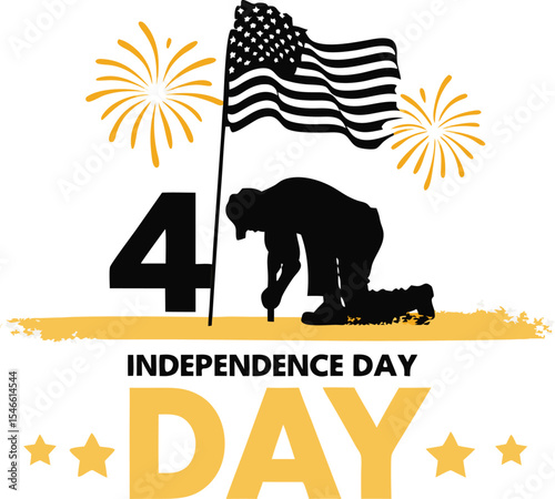 Fourth of july independence day celebration featuring american flag silhouette fireworks and a soldier kneeling