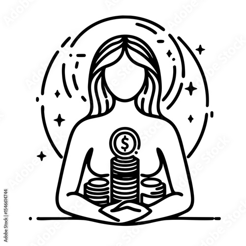 Woman with a prosperous mood holding coins represents wealth 