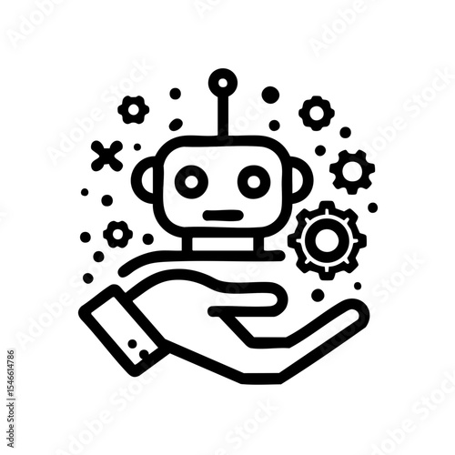 Robot in a hand icon in a line art style in black and white representing technology and engineering
