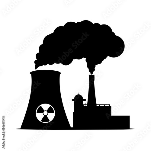Silhouette of Nuclear Power Plant with Cooling Towers and Smoke – Vector Illustration of Industrial Facility | Atomic Energy & Pollution Concept

