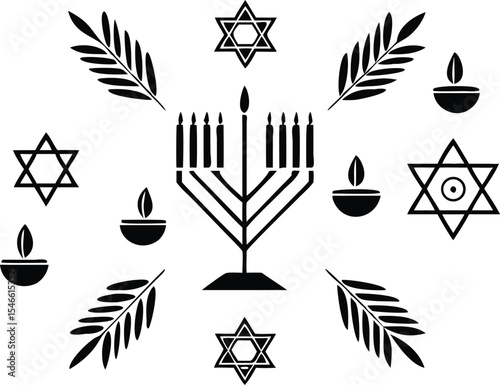 Hanukkah holiday illustration with menorah star of david olive branch and oil lamps design elements for jewish celebration