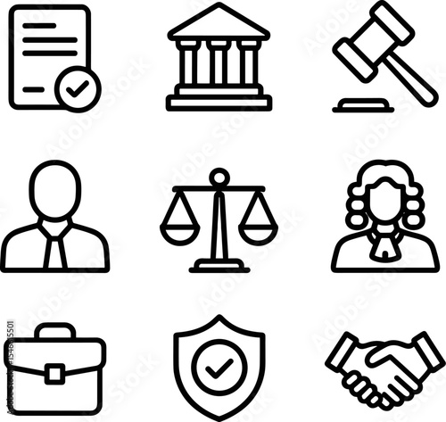 Law and justice line icons set. Court, lawyer, gavel, handcuffs, legal documents, etc. Vector outline symbols