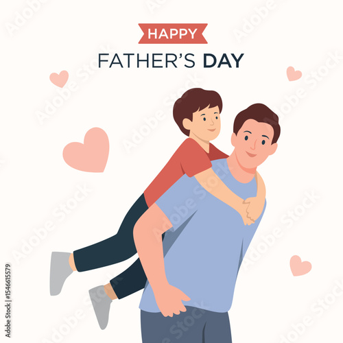 Happy Fathers Day Illustration Father Piggybacking Son Pastel Colors Cartoon Style Family Love