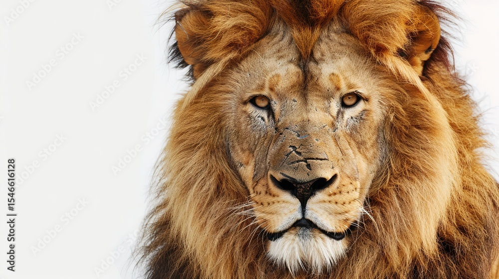 Fototapeta premium Regal Majesty: Striking White Background Lion Images – Majestic Mane Portraits, Powerful Roaring Profiles, Playful Cub Moments, and Graceful Savannah Stances in High-Contrast Photography for Wildlife 