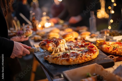 Delicious pizza party catering event with pepperoni and cheese for dinner and celebration outdoors