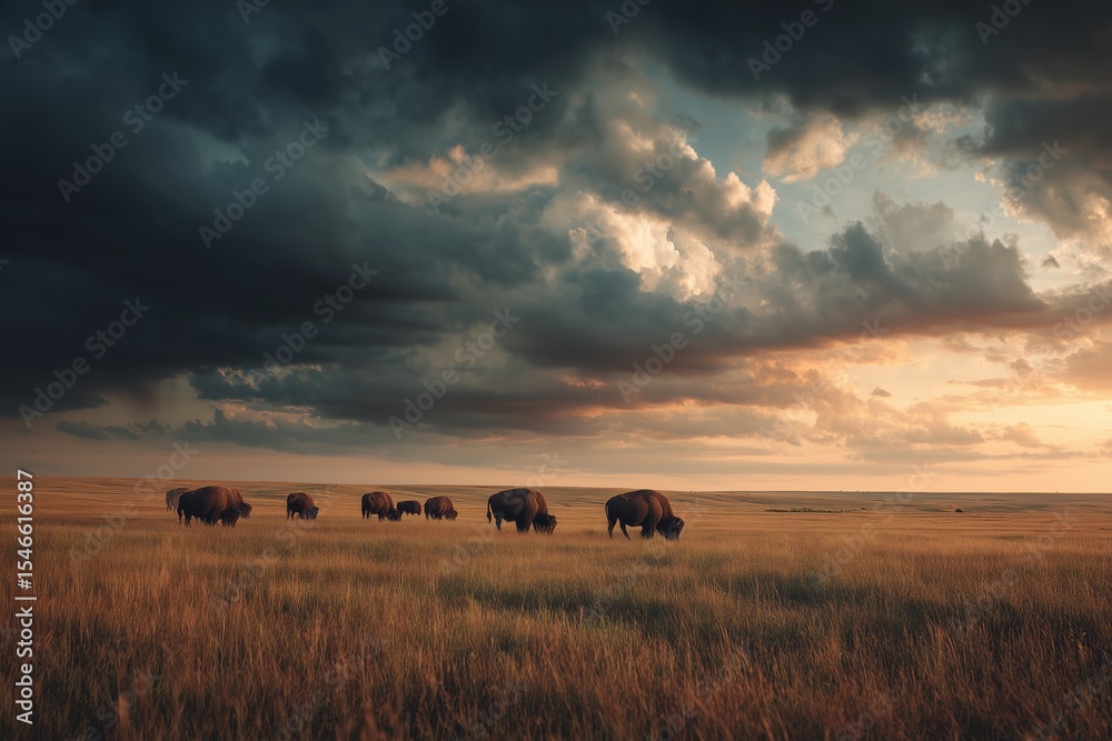 Small herd of bison grazing peacefully on the prairie during a dramatic sunset Small herd of bison grazing peacefully on the prairie during a dramatic sunset