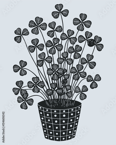 Clover Plant in Checkered Pot – Black and White Botanical Silhouette Illustration