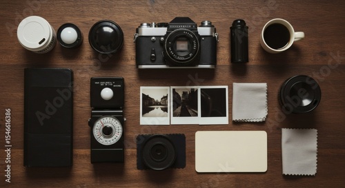 Vintage Camera Photography Equipment Flatlay Dark Wood Background: Classic Film Camera Lenses Light Meter Accessories