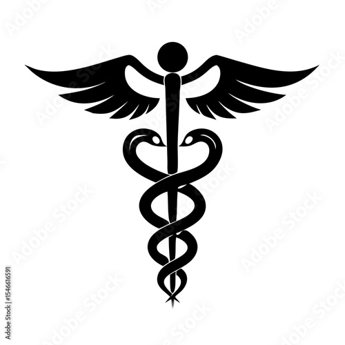 Caduceus Medical Symbol Silhouette – Black Vector of Two Snakes and Wings for Healthcare, Medicine, EMT, Doctor, or Hospital-Themed Graphic and Design Use
