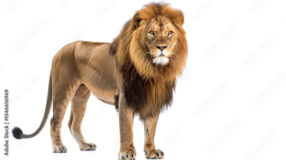 Obraz premium Regal Majesty: Striking White Background Lion Images – Majestic Mane Portraits, Powerful Roaring Profiles, Playful Cub Moments, and Graceful Savannah Stances in High-Contrast Photography for Wildlife 