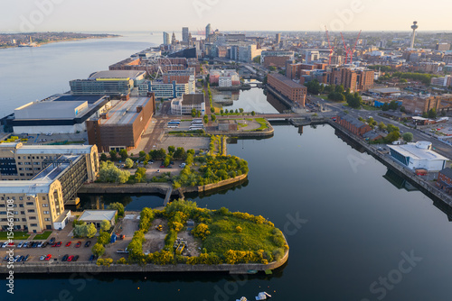 Obraz na plátně Aerial image of Liverpool cityscape and docks in the morning