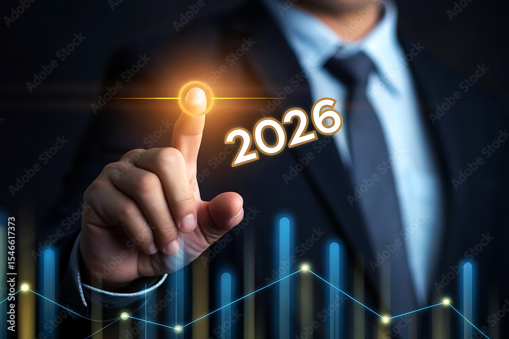 Obraz premium Businessman touching interactive screen showing 2026 year forecast and growth chart