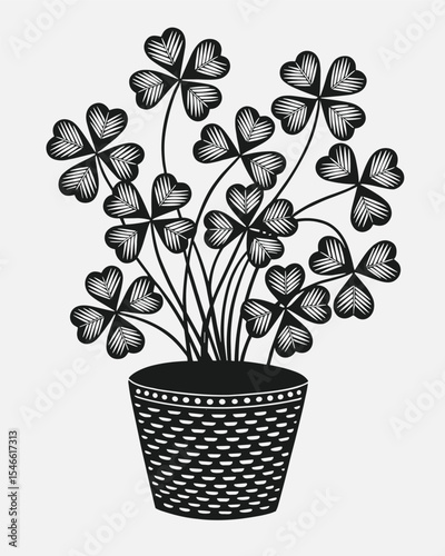 Clover Plant in Checkered Pot – Black and White Botanical Silhouette Illustration