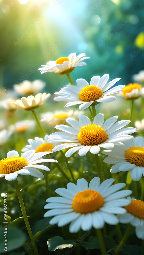 Fototapeta premium Close-up of white daisies blooming in a sunny meadow, vibrant yellow centers, green foliage, summer nature scene