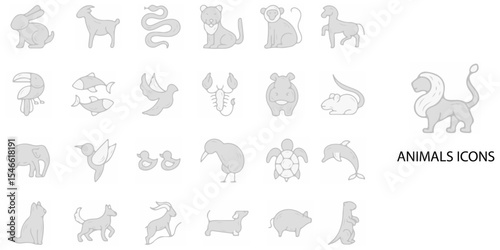 Animals simple concept 24 hand drawn grew color icons set .Vector illustration.	