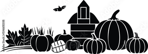Silhouette of autumn harvest scene featuring pumpkins leaves and a barn with a flying bird celebration of fall season