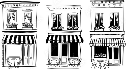 Hand-Drawn French Café Storefront Illustration – Minimalist Black and White Sketch of Parisian Coffee Shop with Awning, Tables, Windows, and Floral Balcony – Elegant Line Art Vector Set