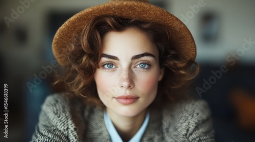 A captivating portrait of a woman with curly hair and a stylish hat who embodies confidence and charm, radiating warmth and friendliness in a cozy, inviting environment.