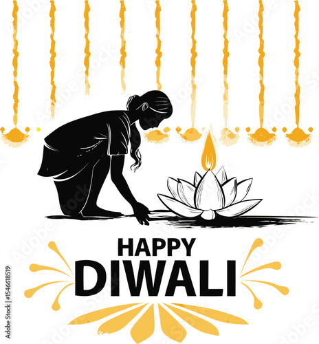 Silhouette of woman lighting a diya on a lotus flower celebrating the festival of lights with festive floral decorations in the background