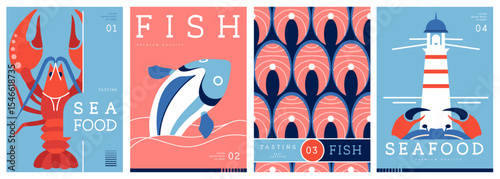 Set of flat modern magazine covers or posters with seafood. Restaurant seafood menu design. Vector illustration