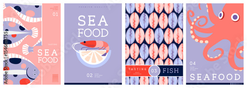 Set of flat modern magazine covers or posters with seafood. Restaurant seafood menu design. Vector illustration