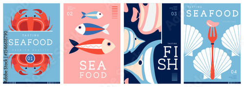 Set of flat modern magazine covers or posters with seafood. Restaurant seafood menu design. Vector illustration