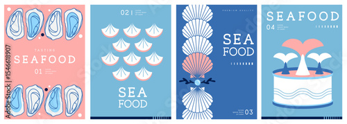 Set of flat modern magazine covers or posters with seafood. Restaurant seafood menu design. Vector illustration