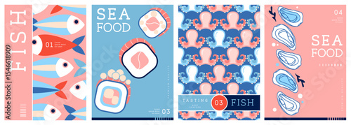 Set of flat modern magazine covers or posters with seafood. Restaurant seafood menu design. Vector illustration