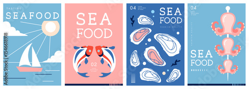 Set of flat modern magazine covers or posters with seafood. Restaurant seafood menu design. Vector illustration