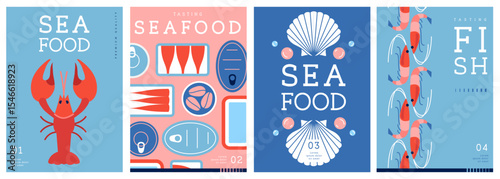 Set of flat modern magazine covers or posters with seafood. Restaurant seafood menu design. Vector illustration