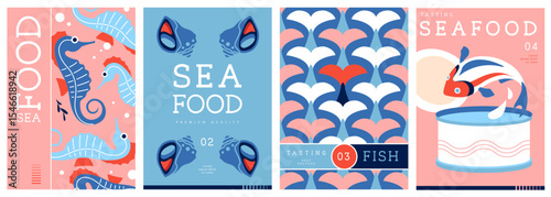 Set of flat modern magazine covers or posters with seafood. Restaurant seafood menu design. Vector illustration