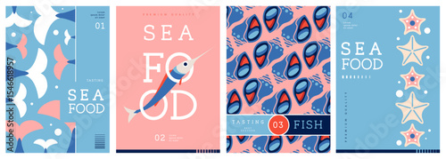 Set of flat modern magazine covers or posters with seafood. Restaurant seafood menu design. Vector illustration
