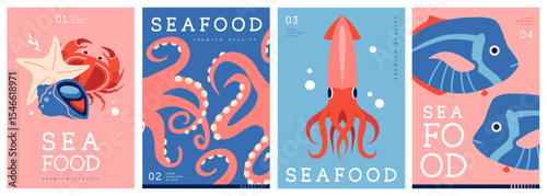 Set of flat modern magazine covers or posters with seafood. Restaurant seafood menu design. Vector illustration