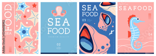 Set of flat modern magazine covers or posters with seafood. Restaurant seafood menu design. Vector illustration