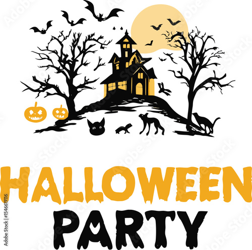 Spooky halloween party illustration with haunted house silhouettes bats pumpkins and trees against a full moon for festive design