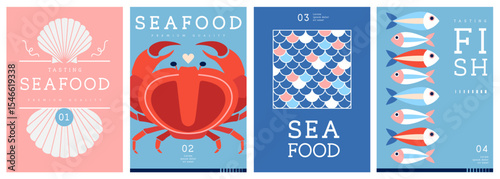 Set of flat modern magazine covers or posters with seafood. Restaurant seafood menu design. Vector illustration